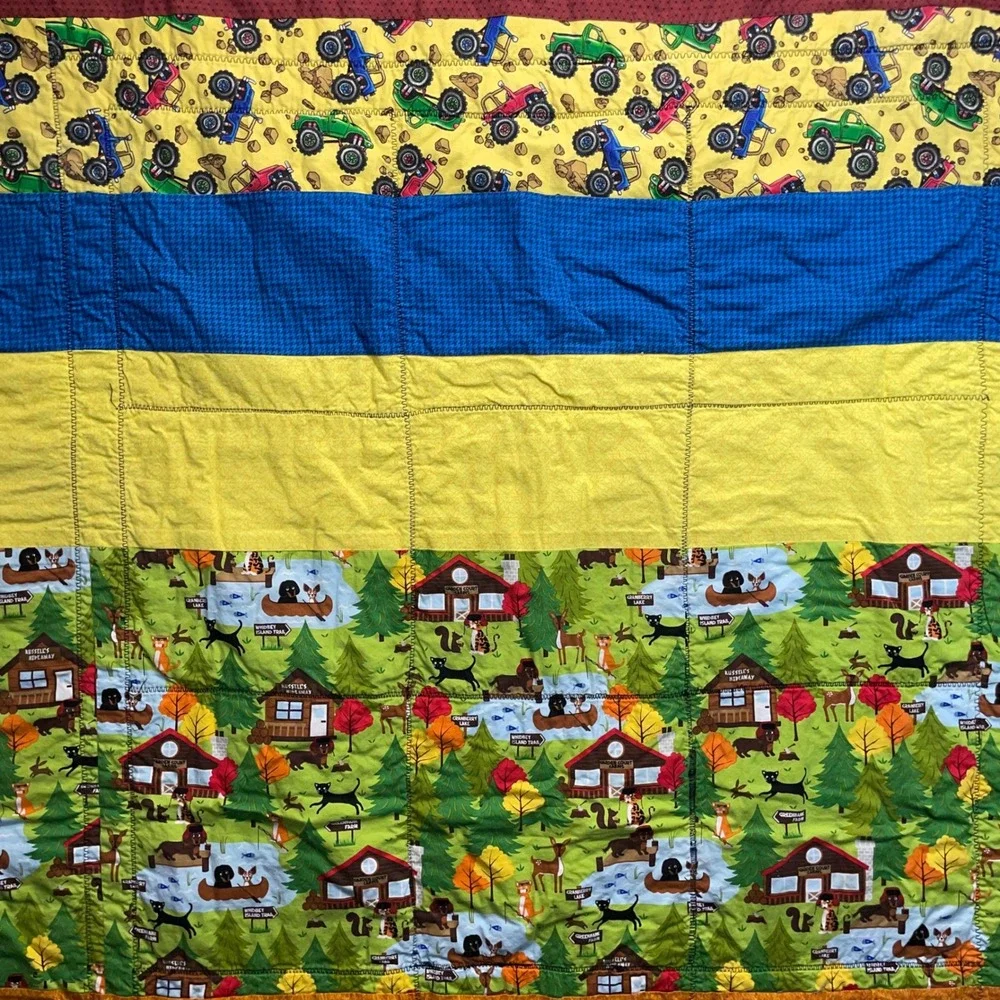 Handmade Kids Quilt Blanket Multicolor Patchwork Camping Monster Truck 46x65